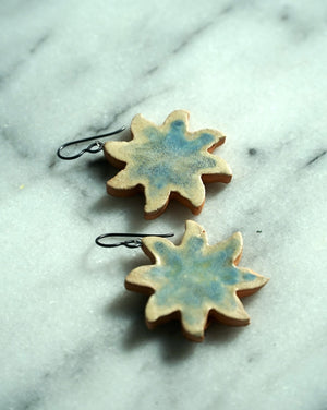 glazed stoneware clay earrings with hypoallergenic ear wires, made in Asheville, NC , statement earrings, art earrings , lightweight earrings , handmade jewelry , niobium , sensitive ears , one of a kind earrings , handmade