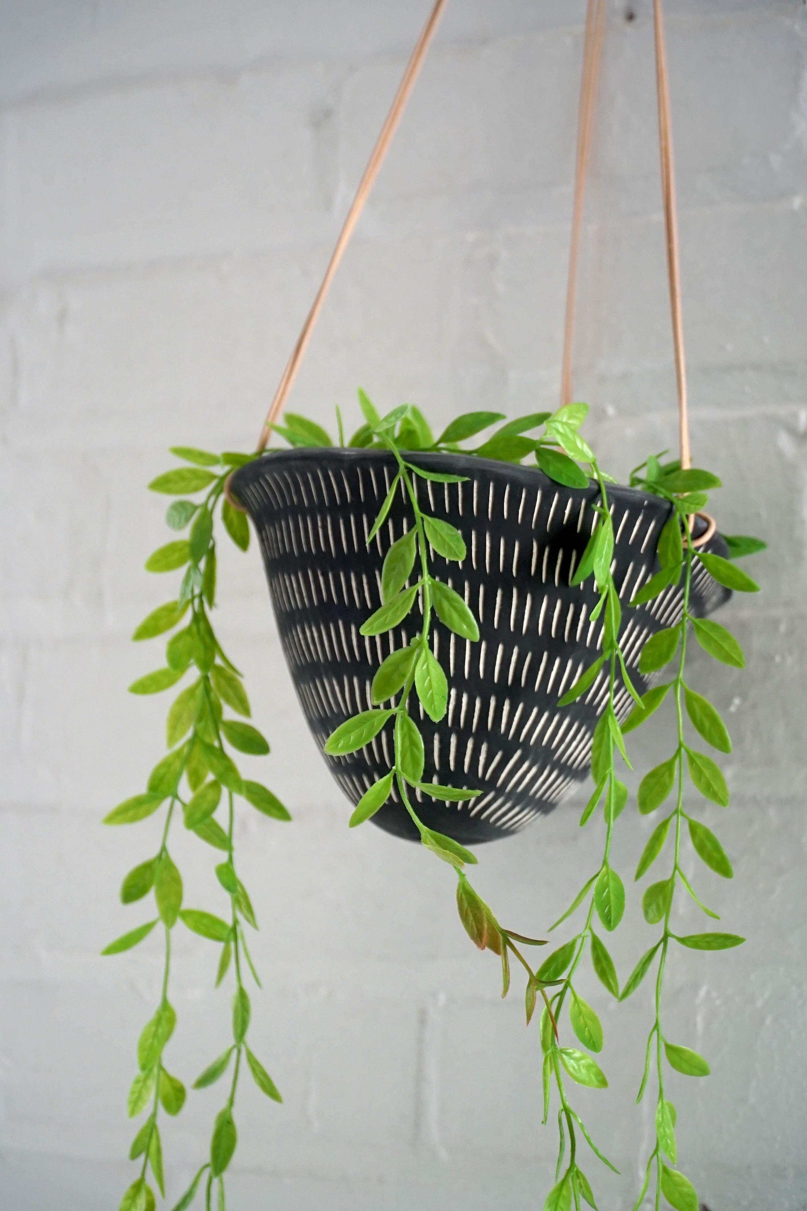 Black & White Hanging Planter w/ "Dash" Design - Hanging Pot with Carved Design - Succulent, Cactus, Herb, Air Plant, Etc - Housewarming
