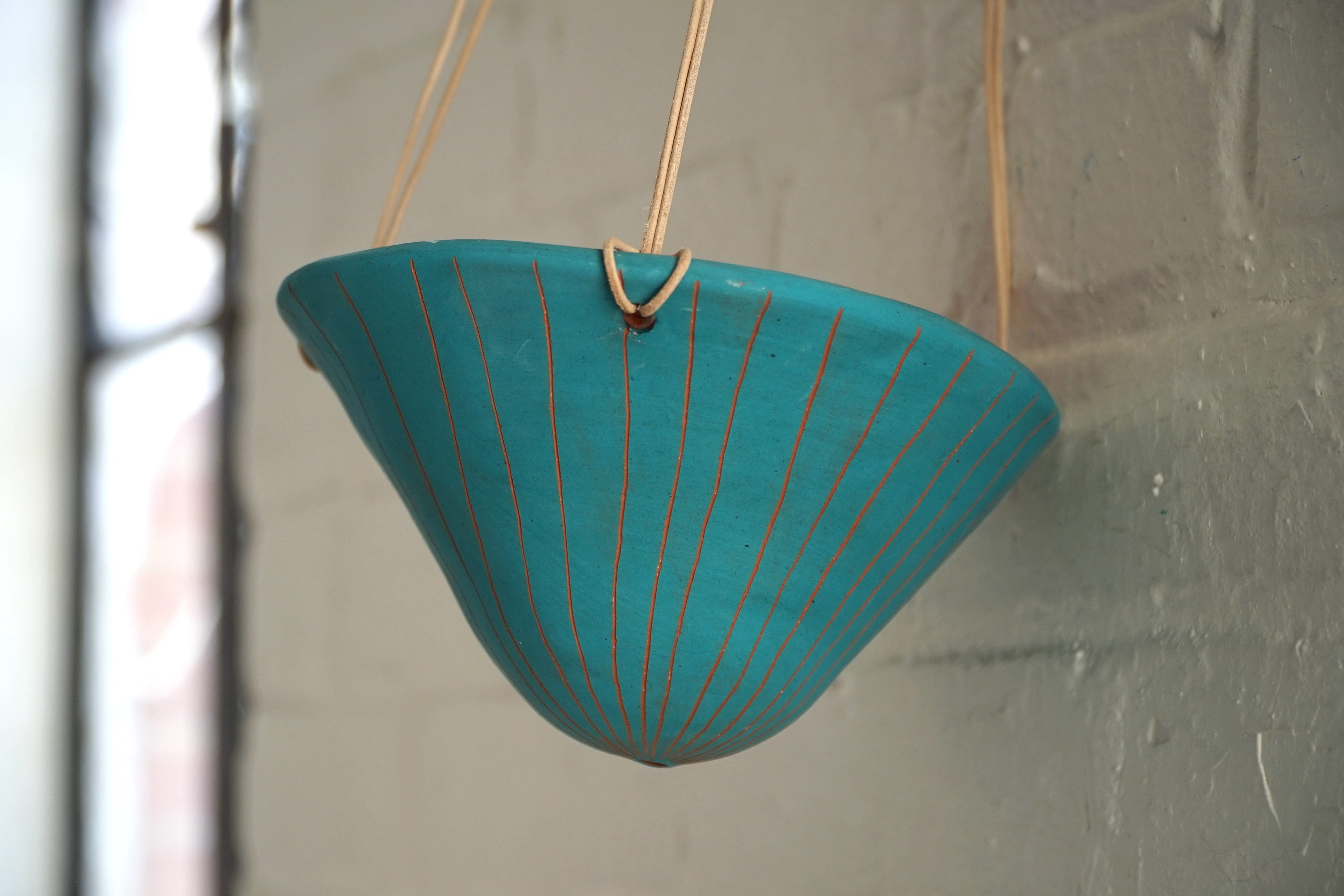Teal & Terracotta Hanging Planter w/ "Vertical Line" Design - Hanging Pot with Carved Design - Succulent, Cactus, Herb, Air Plant, Etc
