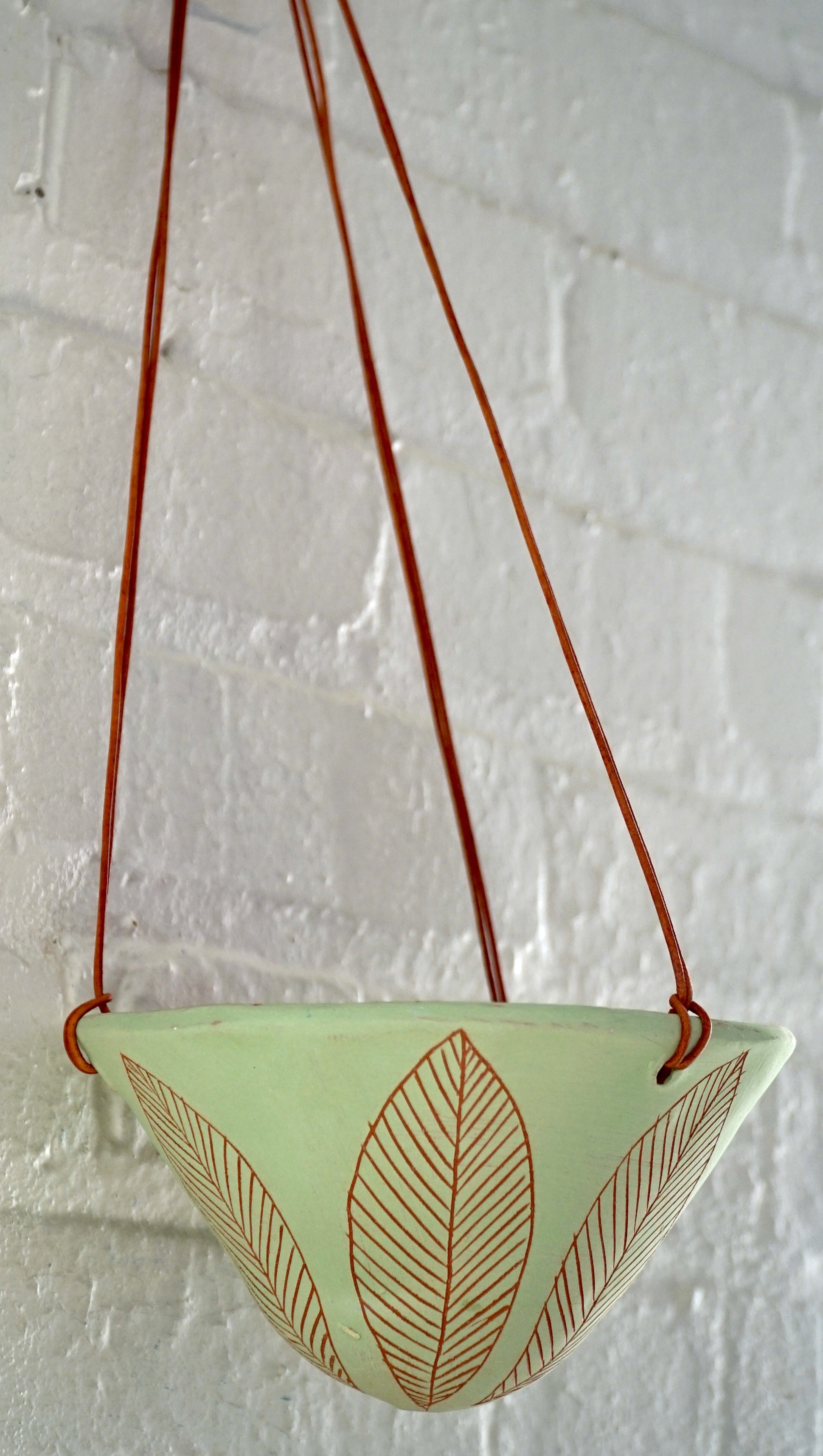Light Green & Terracotta Hanging Planter w/ "Leaf" Design - Pale Green Hanging Pot with Carved Design - Succulent, Cactus, Herb, Air Plant