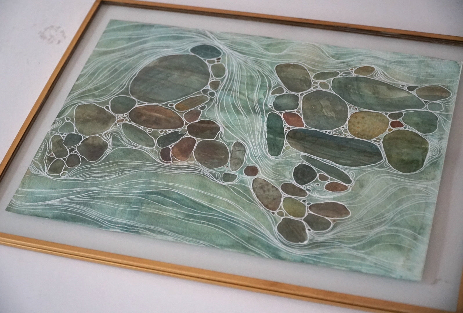 Original Framed Watercolor and Ink Painting - Serene River Rocks - Brass Float Framed Original Pen and Watercolor Painting