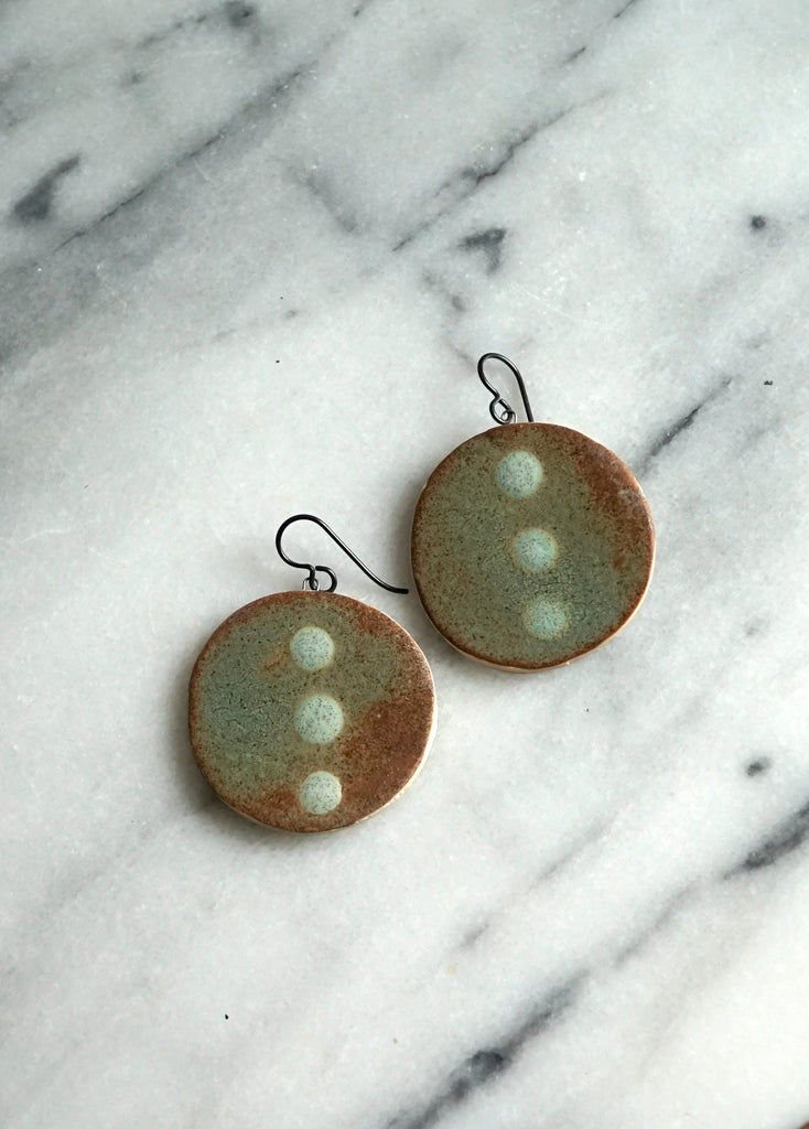 glazed stoneware clay earrings with hypoallergenic ear wires, made in Asheville, NC , statement earrings, art earrings , lightweight earrings , handmade jewelry , niobium , sensitive ears , one of a kind earrings , handmade