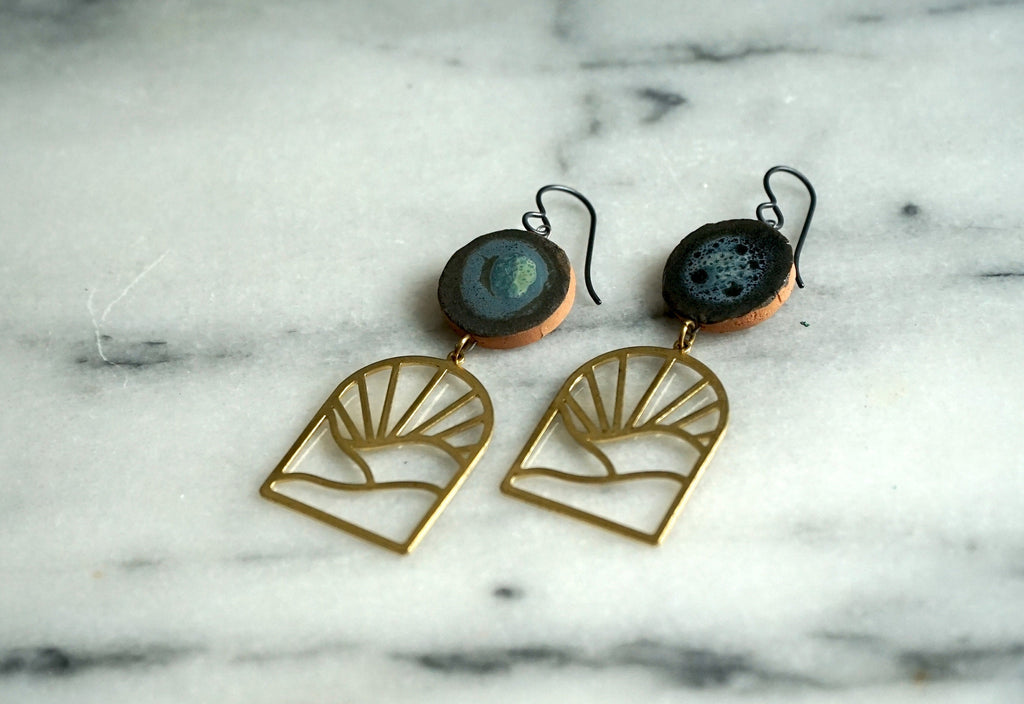 glazed stoneware clay earrings with hypoallergenic ear wires, made in Asheville, NC , statement earrings, art earrings , lightweight earrings , handmade jewelry , niobium , sensitive ears , one of a kind earrings , handmade , brass cat charm