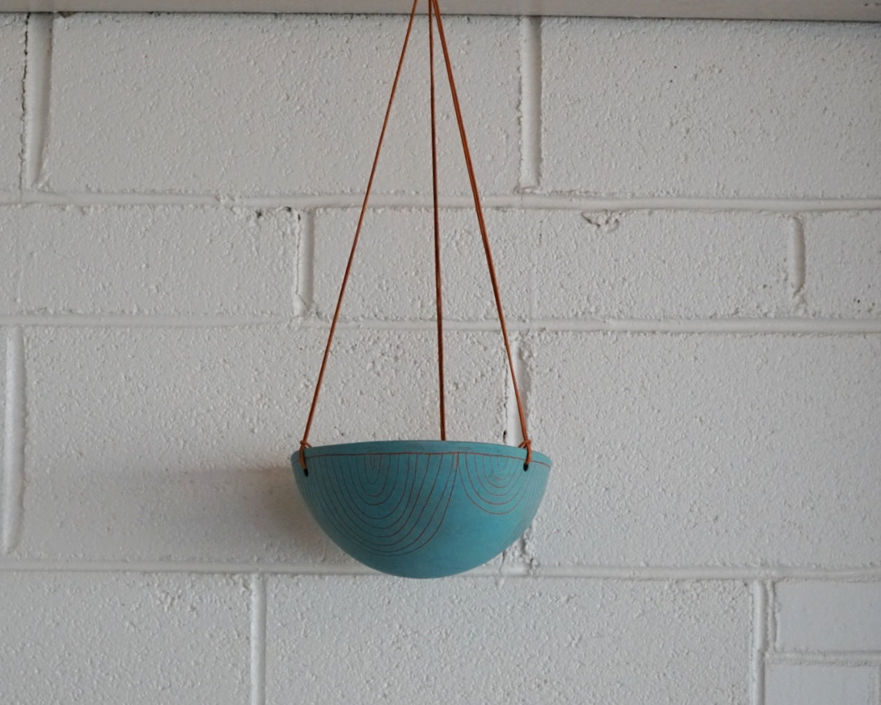 Large Aqua & Terracotta  Hanging Planter w/ Hand-Carved "Arc" Design - Plant Hanger - Hanging Basket - Indoor Garden