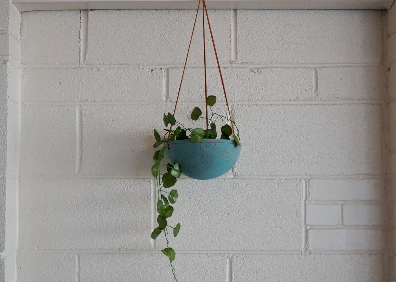 Large Aqua & Terracotta  Hanging Planter w/ Hand-Carved "Arc" Design - Plant Hanger - Hanging Basket - Indoor Garden