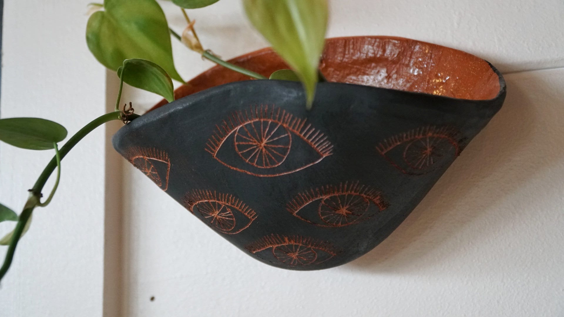 Black & Terracotta Wall Pocket Planter w/ "Eye" Design - Ceramic Wall Planter - Pottery - Succulent Pot - Houseplant - Planter