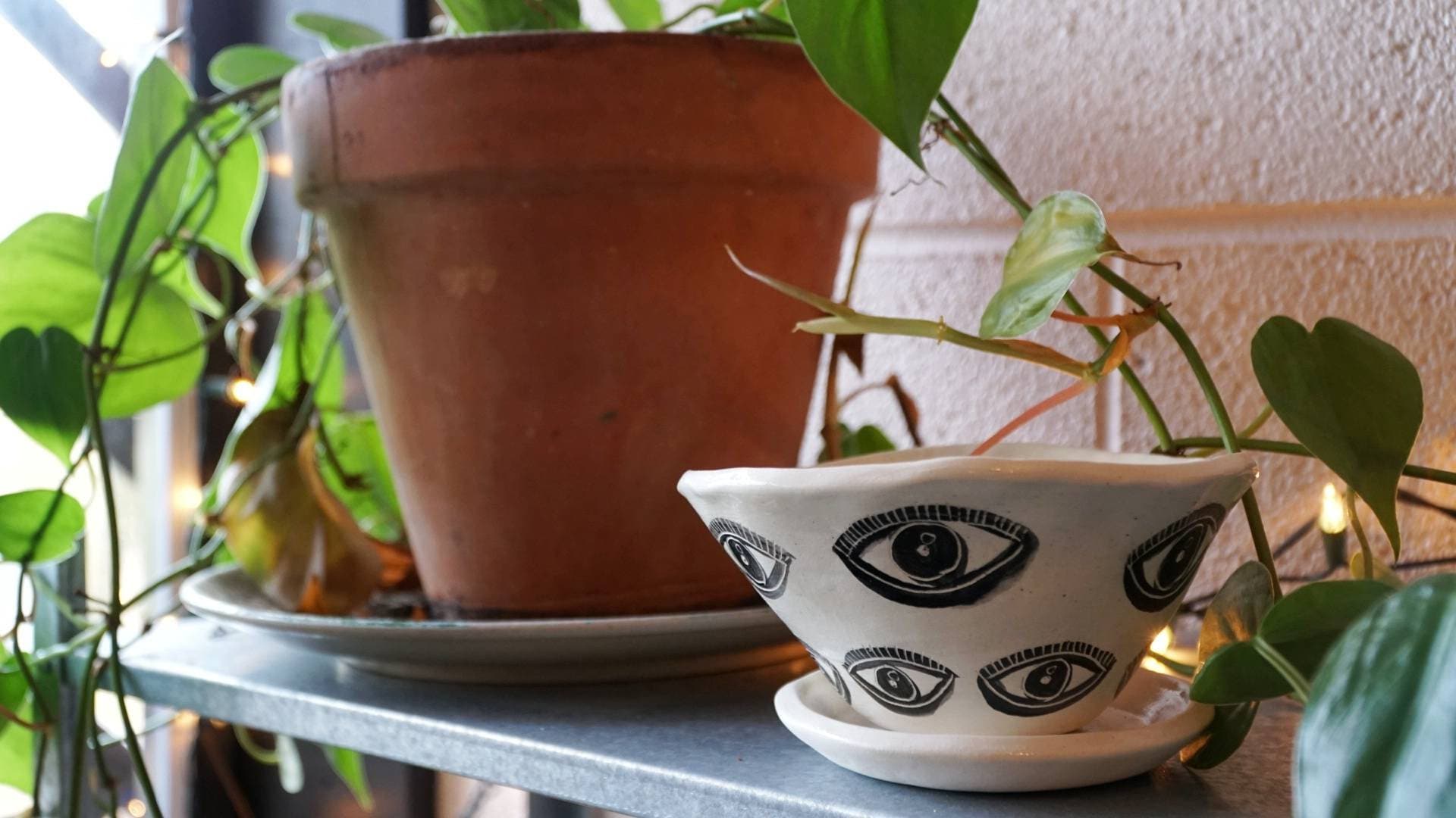 Black & White Glazed Table Planter w/ “Eye” Design - Matching Tray - Small Indoor Planter - Succulent, Cacti, Small Plant Pot - Indoor Garden - Modern Plant