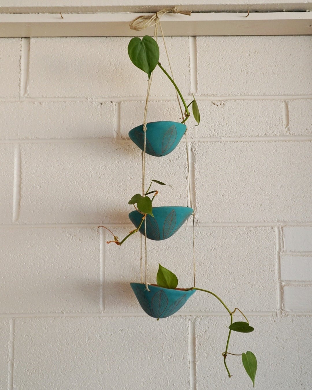 Teal & Terracotta 3-Tiered Hanging Planter with hand carved “Leaf” Design