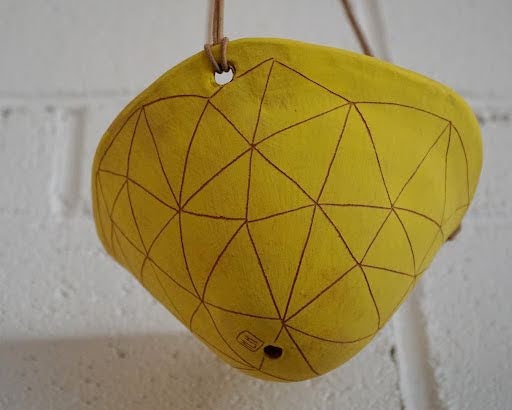 Bright Yellow & Terracotta Hanging Planter w/ "Geotriangle" Design - Hanging Pot with Carved Design - Succulent, Cactus, Herb, Etc