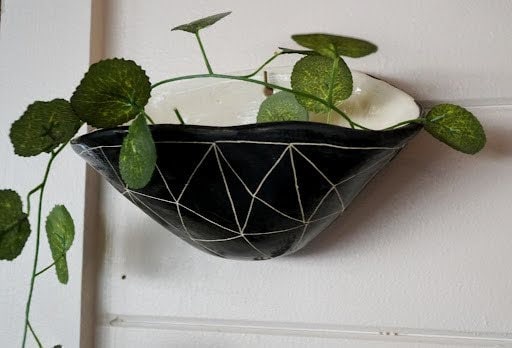 Black & White Glazed Wall Pocket Planter w/ "GeoTriangle" Design - Ceramic Wall Planter - Pottery - Succulent Pot - Houseplant - Planter
