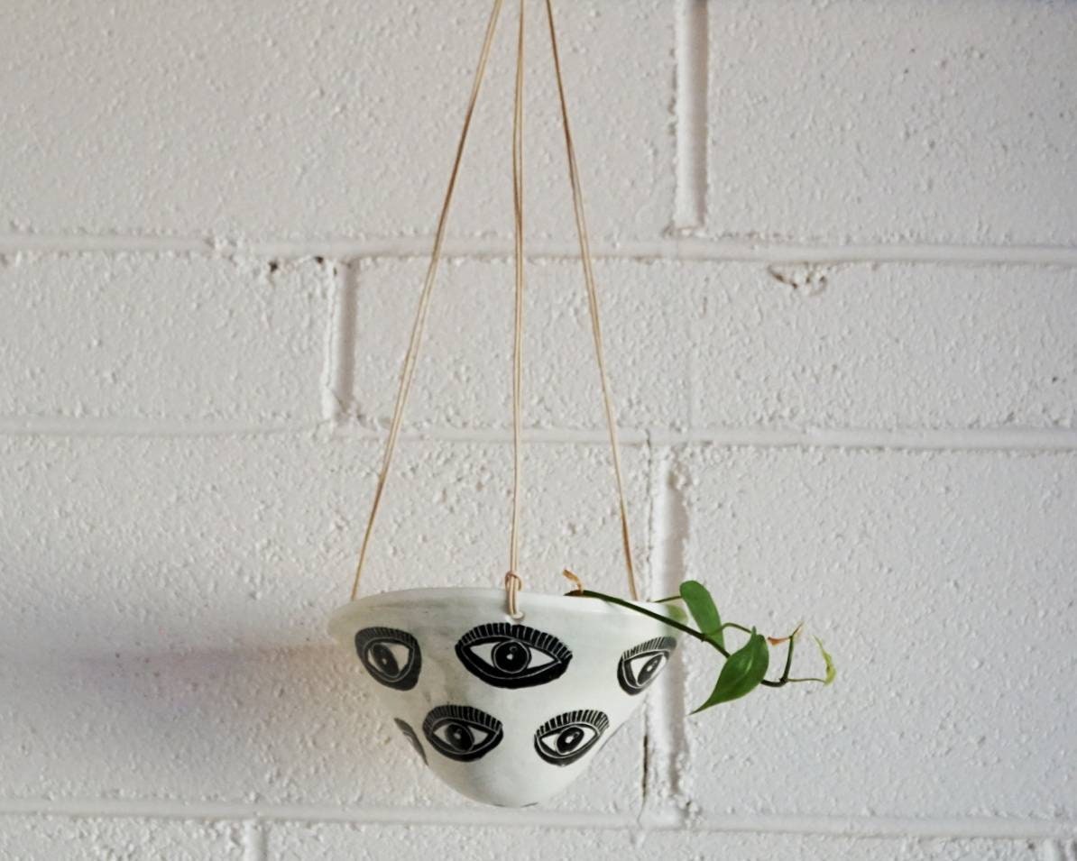 Black & White Glazed Hanging Planter w/ Funky "Eye" Design - Ceramic Hanging Planter - Pottery - Succulent Pot - Houseplant - Planter