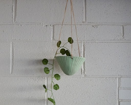 Light Green & Terracotta Planter w/ Vertical Line Design / Hanging Pot / Indoor Planter / Succulent, Cactus, Herb, Air Plant, Etc