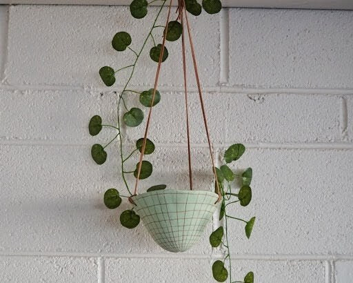 Light Green & Terracotta Hanging Planter w/ "Grid" Design - Hanging Pot with Carved Design - Succulent, Cactus, Herb, Air Plant, Etc