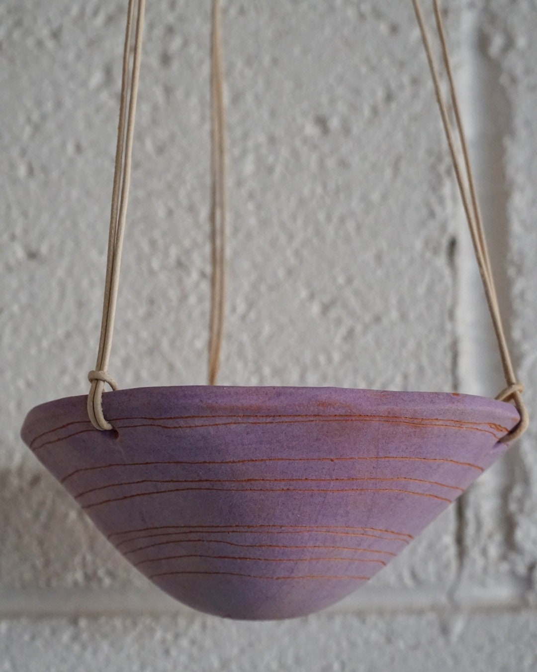 Purple & Terracotta Hanging Planter w/ "Stripe" Design - Hanging Pot with Carved Design - Succulent, Cactus, Herb, Air Plant, Etc