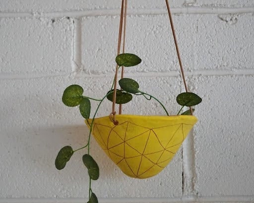 Bright Yellow & Terracotta Hanging Planter w/ "Geotriangle" Design - Hanging Pot with Carved Design - Succulent, Cactus, Herb, Etc