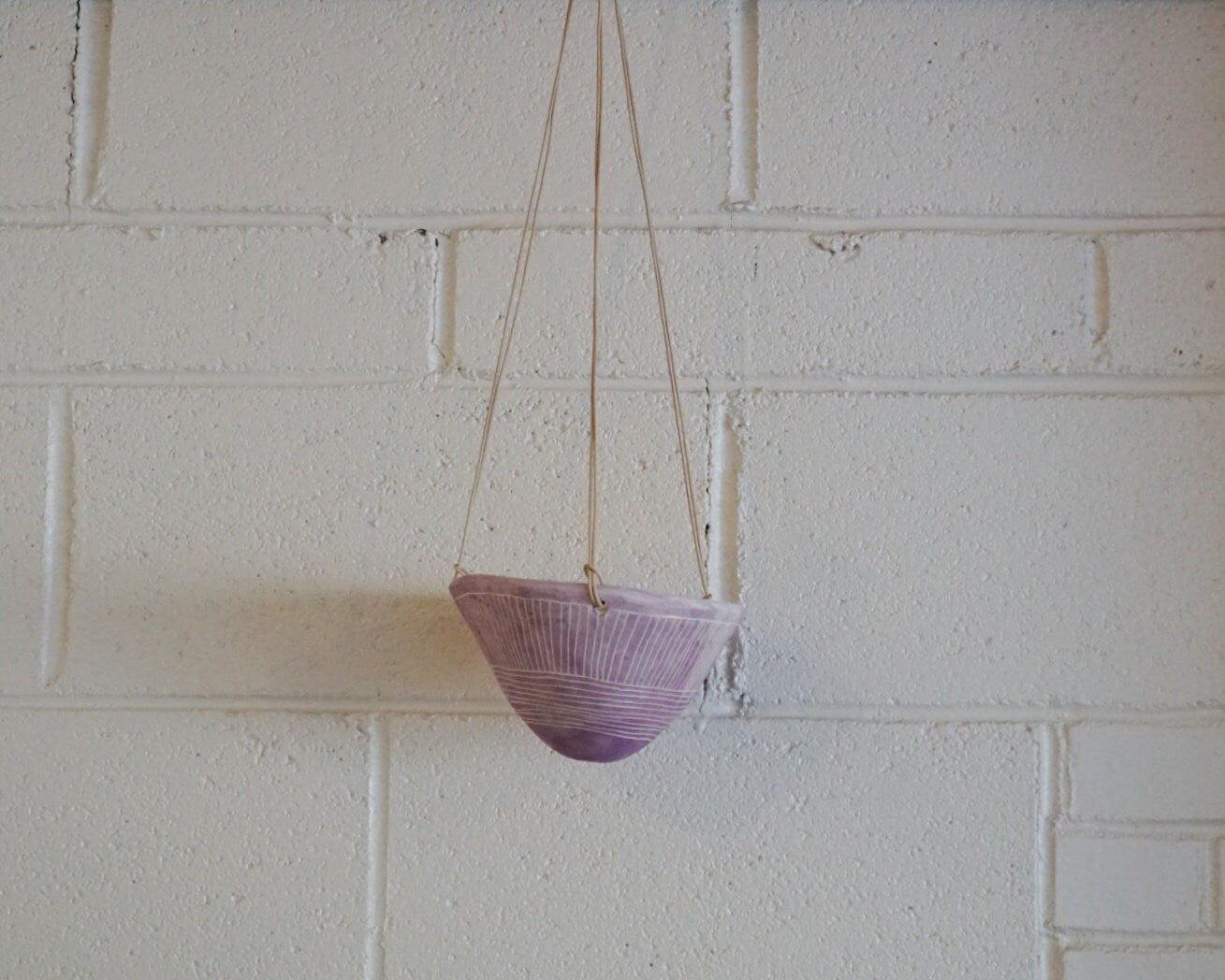 Purple & White Hanging Planter w/ "Directional Line" Design - Glazed - Hanging Pot with Carvings - Succulent, Cactus, Herb, Air Plant, Etc