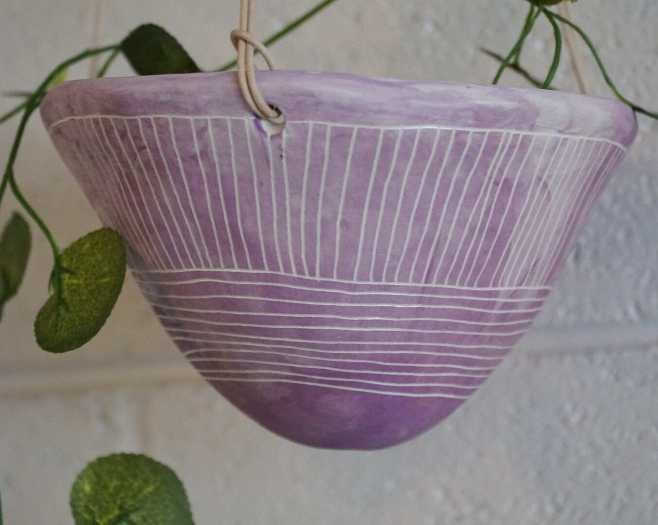Purple & White Hanging Planter w/ "Directional Line" Design - Glazed - Hanging Pot with Carvings - Succulent, Cactus, Herb, Air Plant, Etc