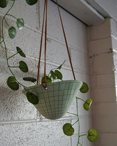 Light Green & Terracotta Hanging Planter w/ "Grid" Design - Hanging Pot with Carved Design - Succulent, Cactus, Herb, Air Plant, Etc