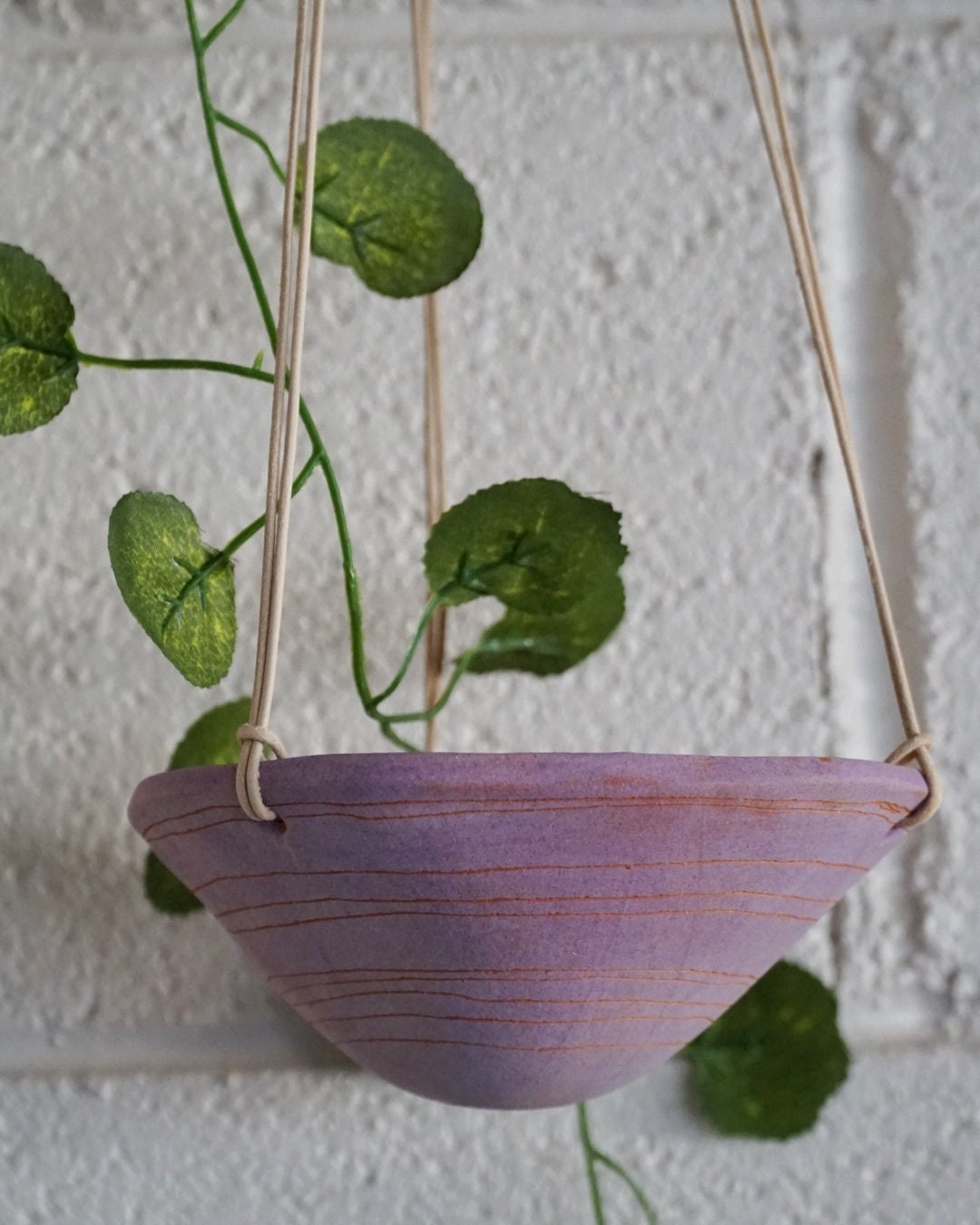 Purple & Terracotta Hanging Planter w/ "Stripe" Design - Hanging Pot with Carved Design - Succulent, Cactus, Herb, Air Plant, Etc