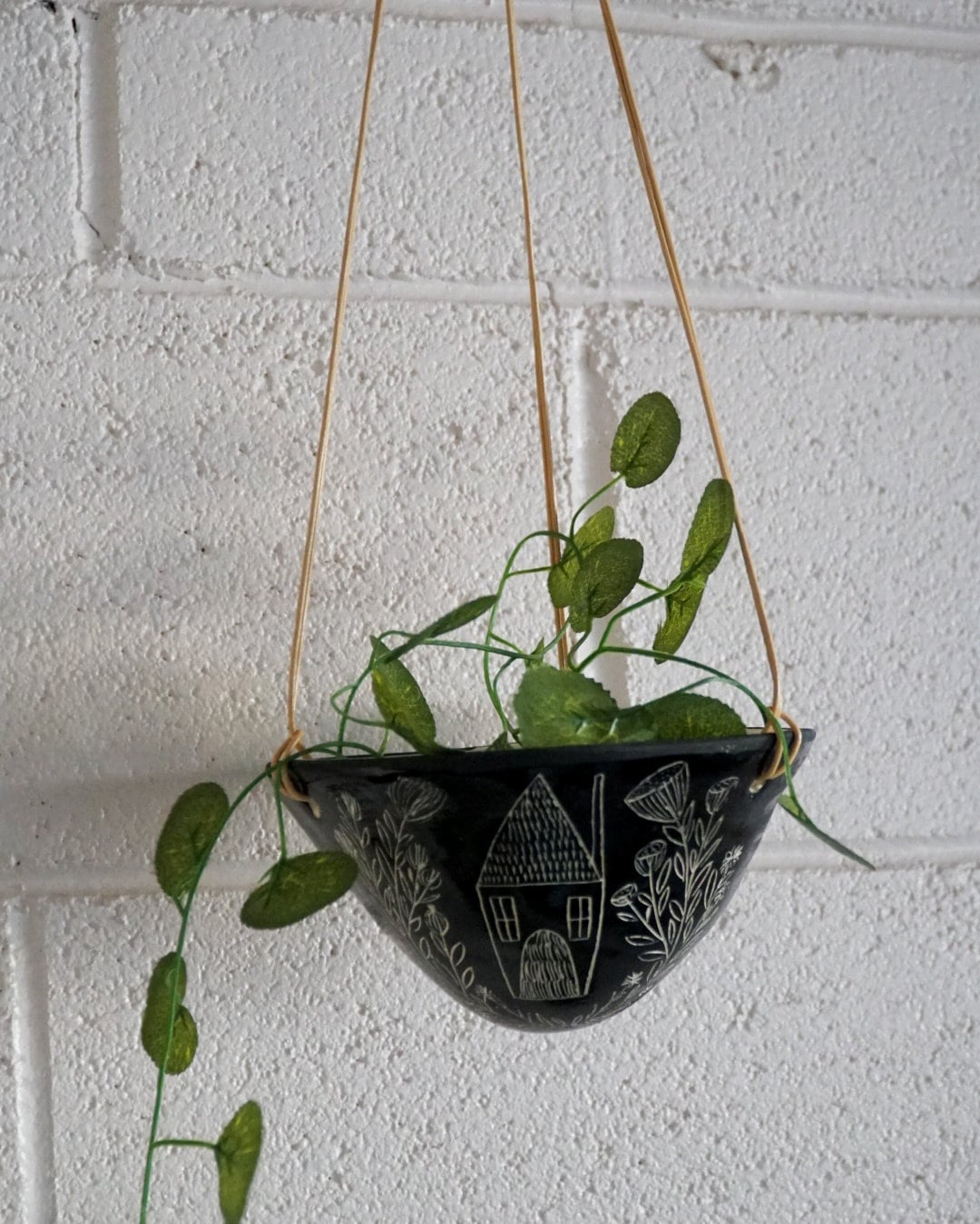 Black & White Glazed Hanging Planter w/ "Folk Home" Design - Hanging Pot with Carved Design - Glazed - Succulent, Cactus, Herb, Air Plant