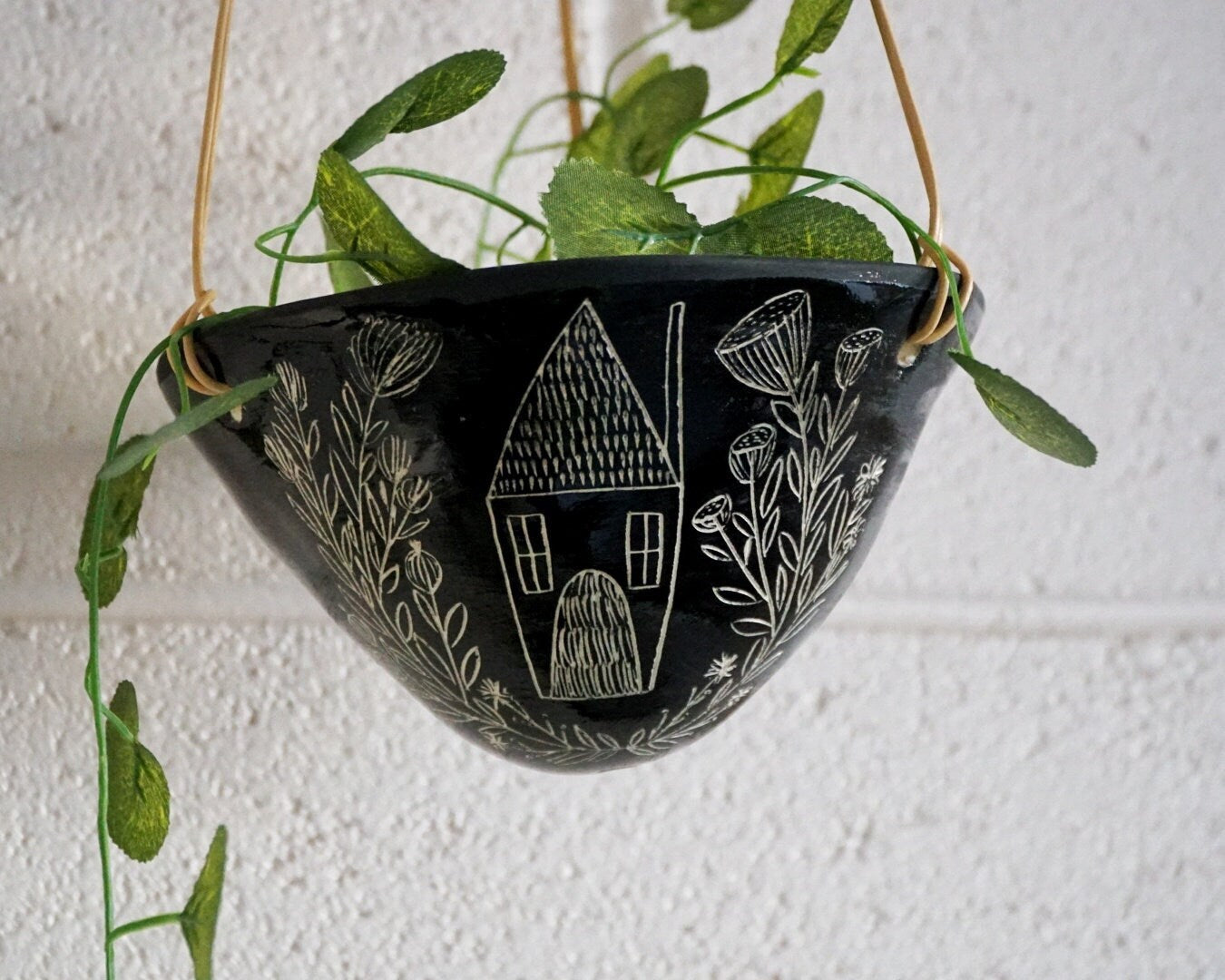 Black & White Glazed Hanging Planter w/ "Folk Home" Design - Hanging Pot with Carved Design - Glazed - Succulent, Cactus, Herb, Air Plant