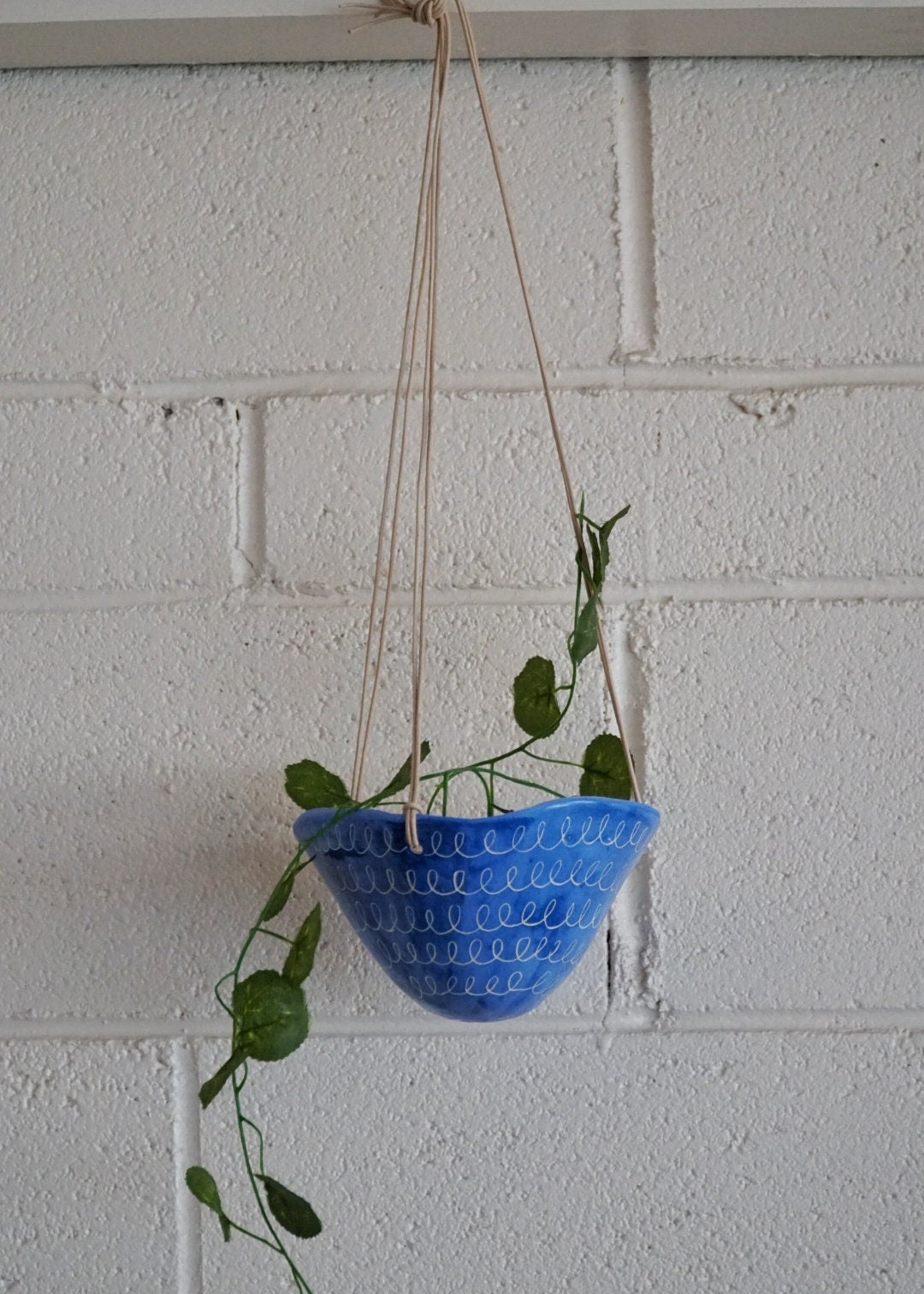 Blue & White Hanging Planter w/ Carved "Curlique" Design - Glazed Pot - Succulent, Cactus, Herb, Air Plant, Etc - Housewarming