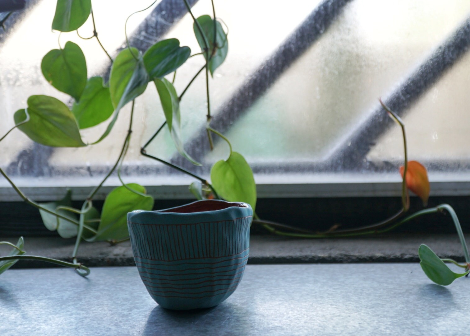 Aqua & Terracotta Mini Planter with Hand-Carved "Directional Line" Design - Succulent Planter - Cactus Pot - Housewarming