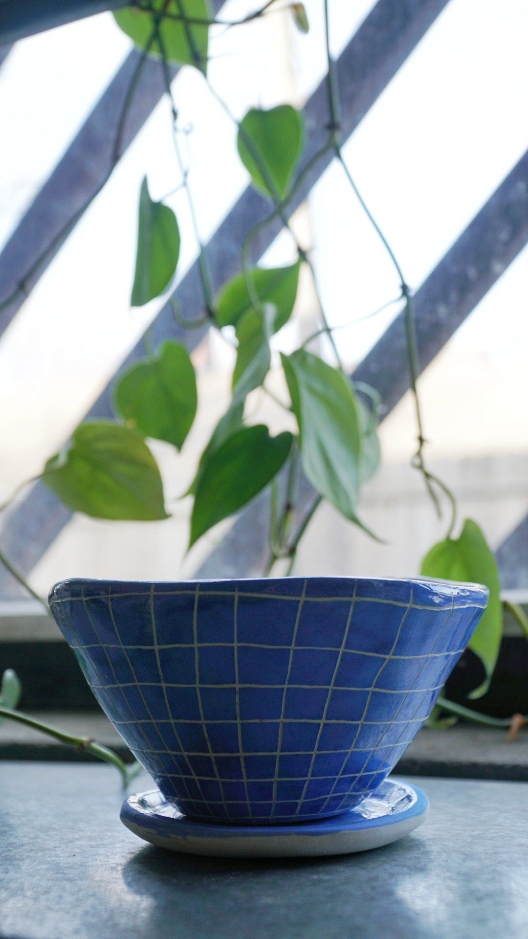 Blue & White Glazed Table Planter w/ "Grid" Design - Matching Tray - Succulent Planter - Small Plant Pot - Propagating Planter - Housewarming
