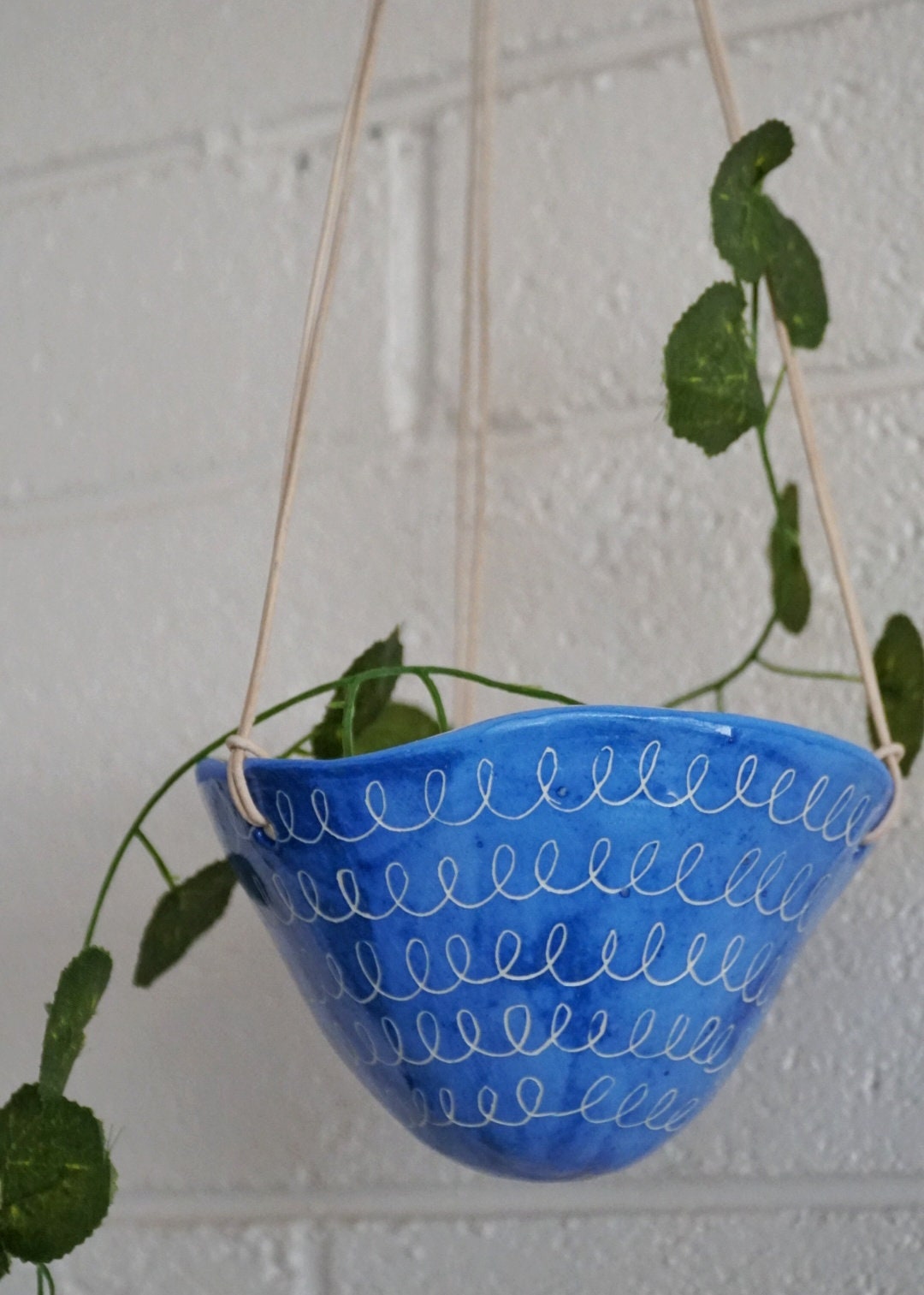 Blue & White Hanging Planter w/ Carved "Curlique" Design - Glazed Pot - Succulent, Cactus, Herb, Air Plant, Etc - Housewarming