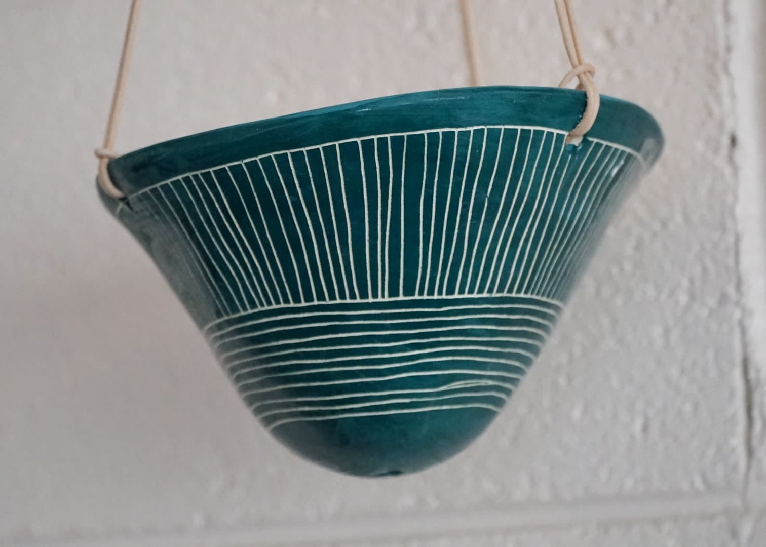 Teal Green & White Hanging Planter w/ "Directional Line" Design - Glazed - Hanging Pot - Succulent, Cactus, Herb, Air Plant, Etc