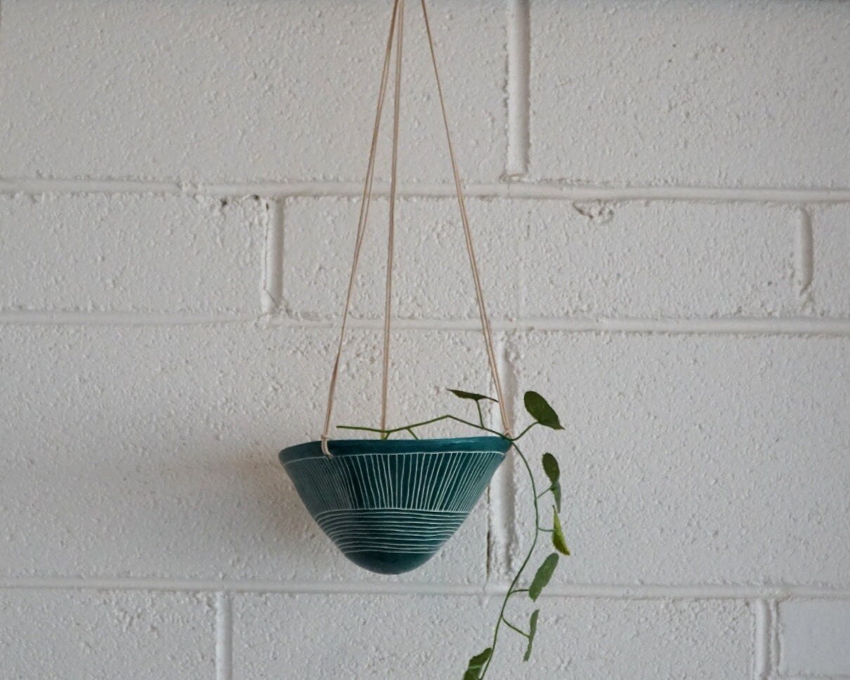 Teal Green & White Hanging Planter w/ "Directional Line" Design - Glazed - Hanging Pot - Succulent, Cactus, Herb, Air Plant, Etc