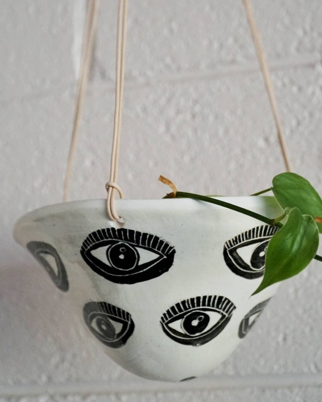 Black & White Glazed Hanging Planter w/ Funky "Eye" Design - Ceramic Hanging Planter - Pottery - Succulent Pot - Houseplant - Planter