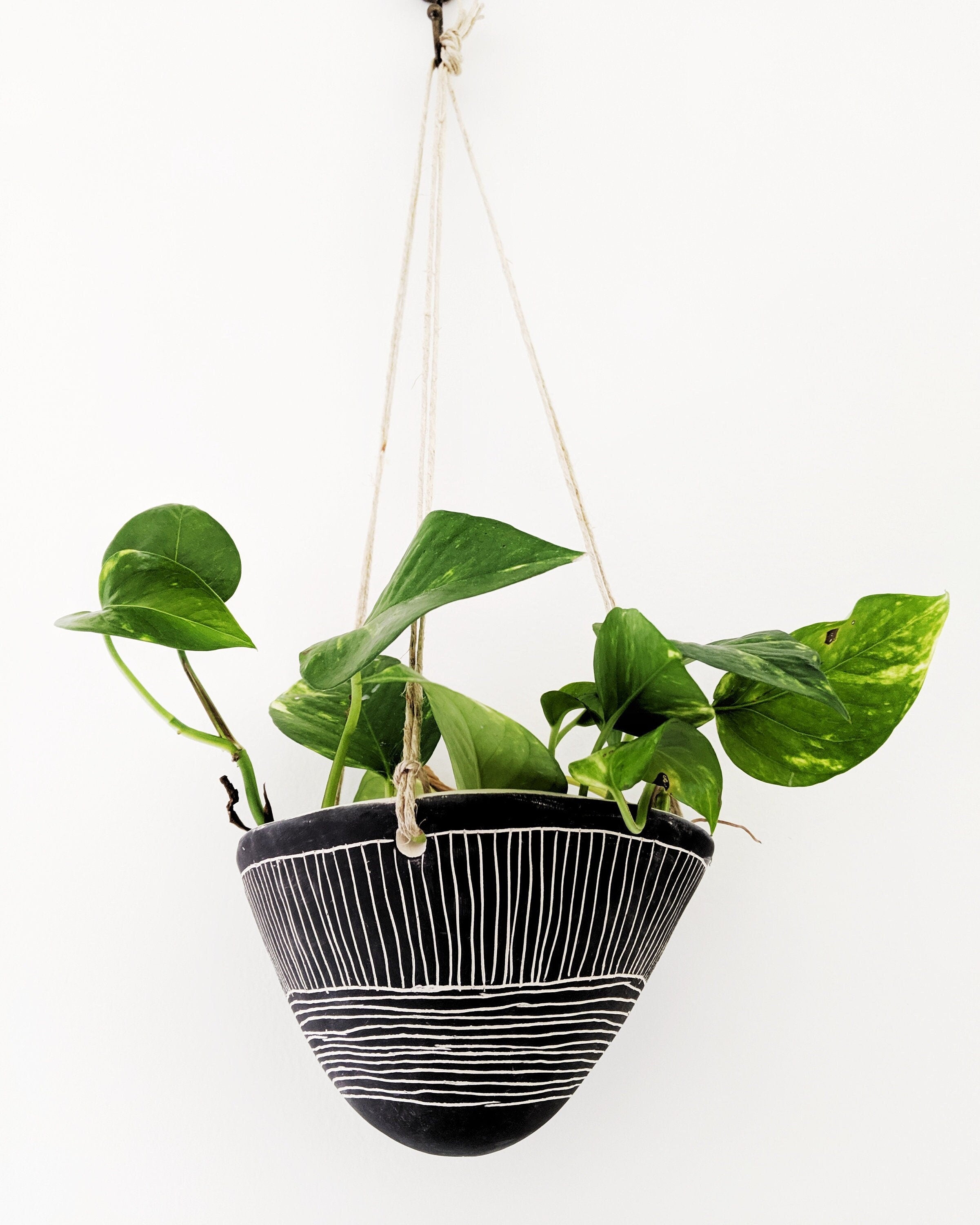 Black & White Hanging Planter w/ "Directional Line" Design - Hanging Pot with Carvings - Succulent, Cactus, Herb, Air Plant - Housewarming