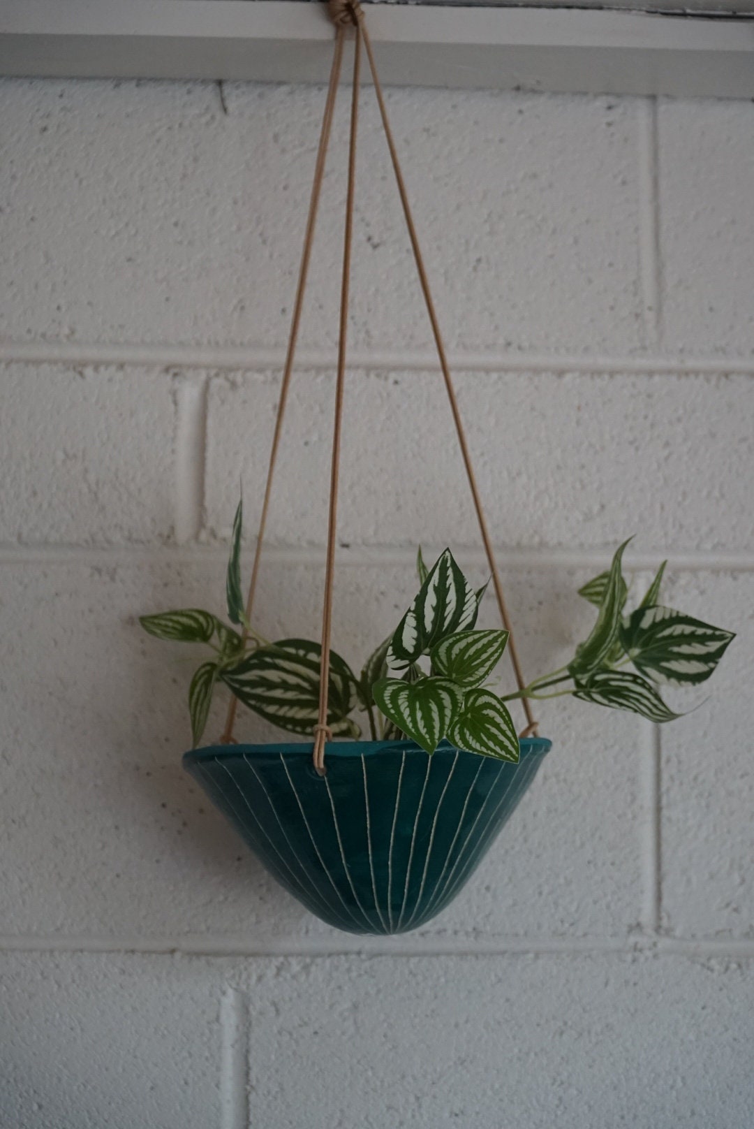 Teal & White Glazed Hanging Planter w/ "Vertical Line" Design - Hanging Pot w/ Carved Design - Succulent, Cactus, Herb, Air Plant, Etc