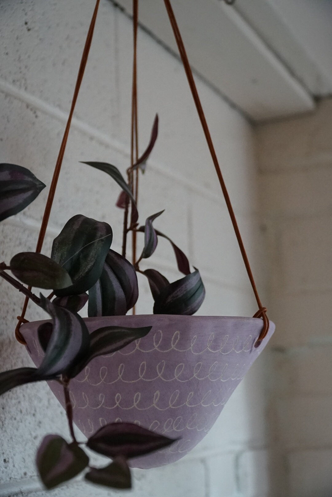 Purple & White Clay Hanging Planter w/ Carved "Curlique" Design - Succulent, Cactus, Herb, Air Plant, Etc - Housewarming