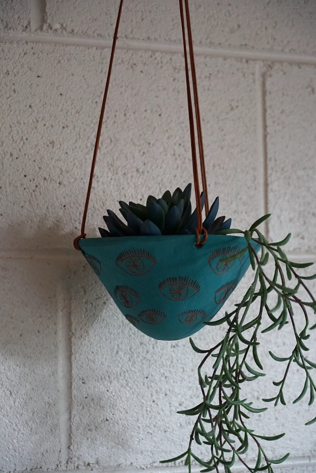 Teal & Terracotta Hanging Planter w/ "Eye" Design - Hanging Pot with Carved Design - Succulent, Cactus, Herb, Air Plant, Etc