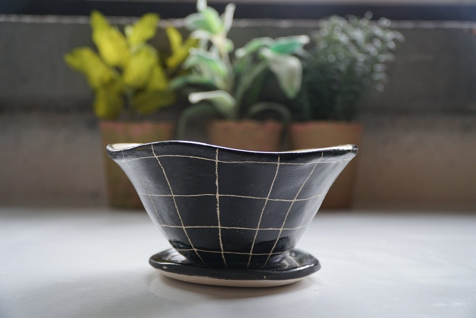 Black and White Glazed Table Planter w/ "Grid" Design - Matching Tray - Succulent Planter - Small Plant Pot - Propagating Planter - Housewarming