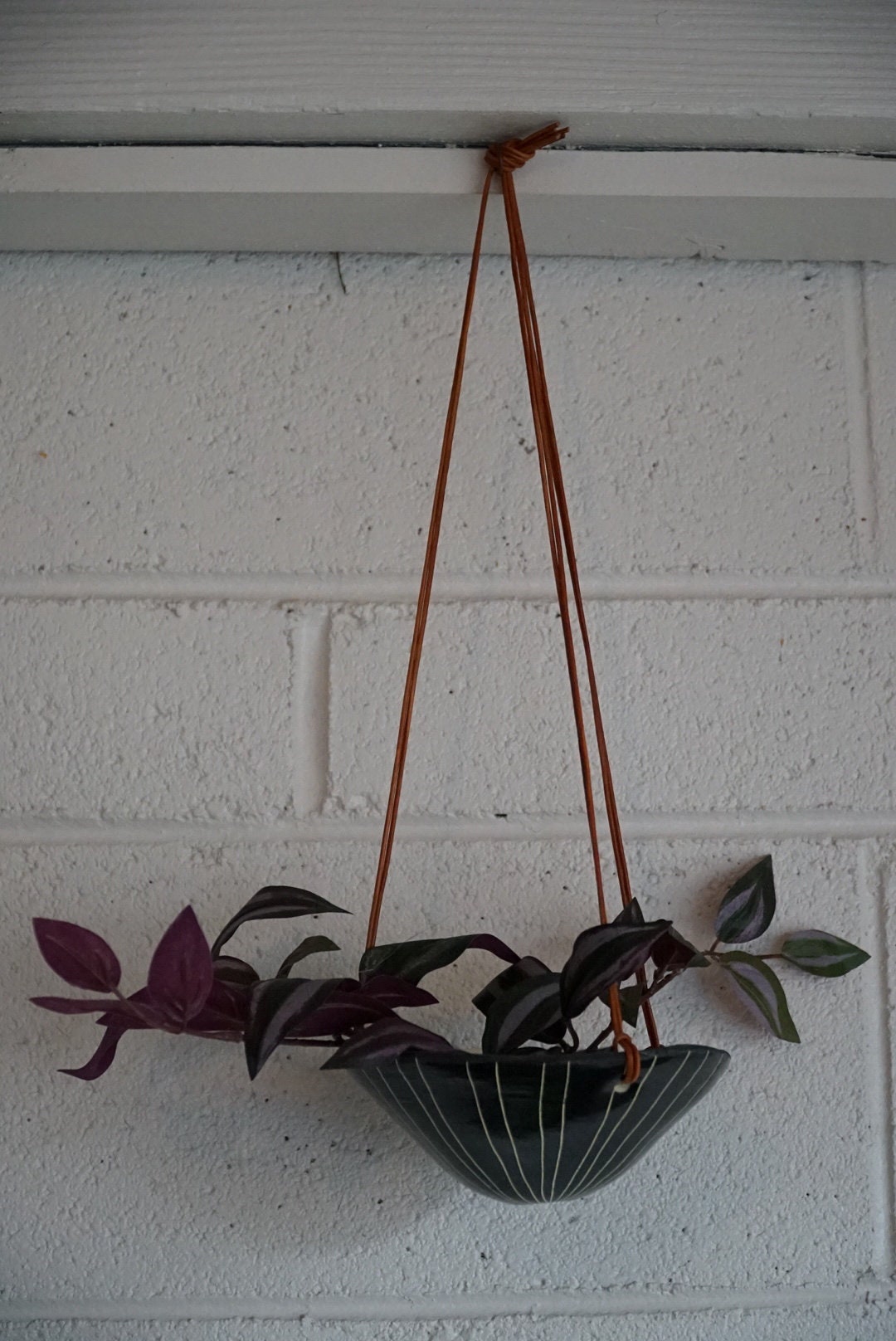 Black & White Glazed Mini Hanging Planter w/ "Vertical Line" Design - Hanging Pot w/ Carving - Succulent, Cactus, Herb, Air Plant - Housewarming