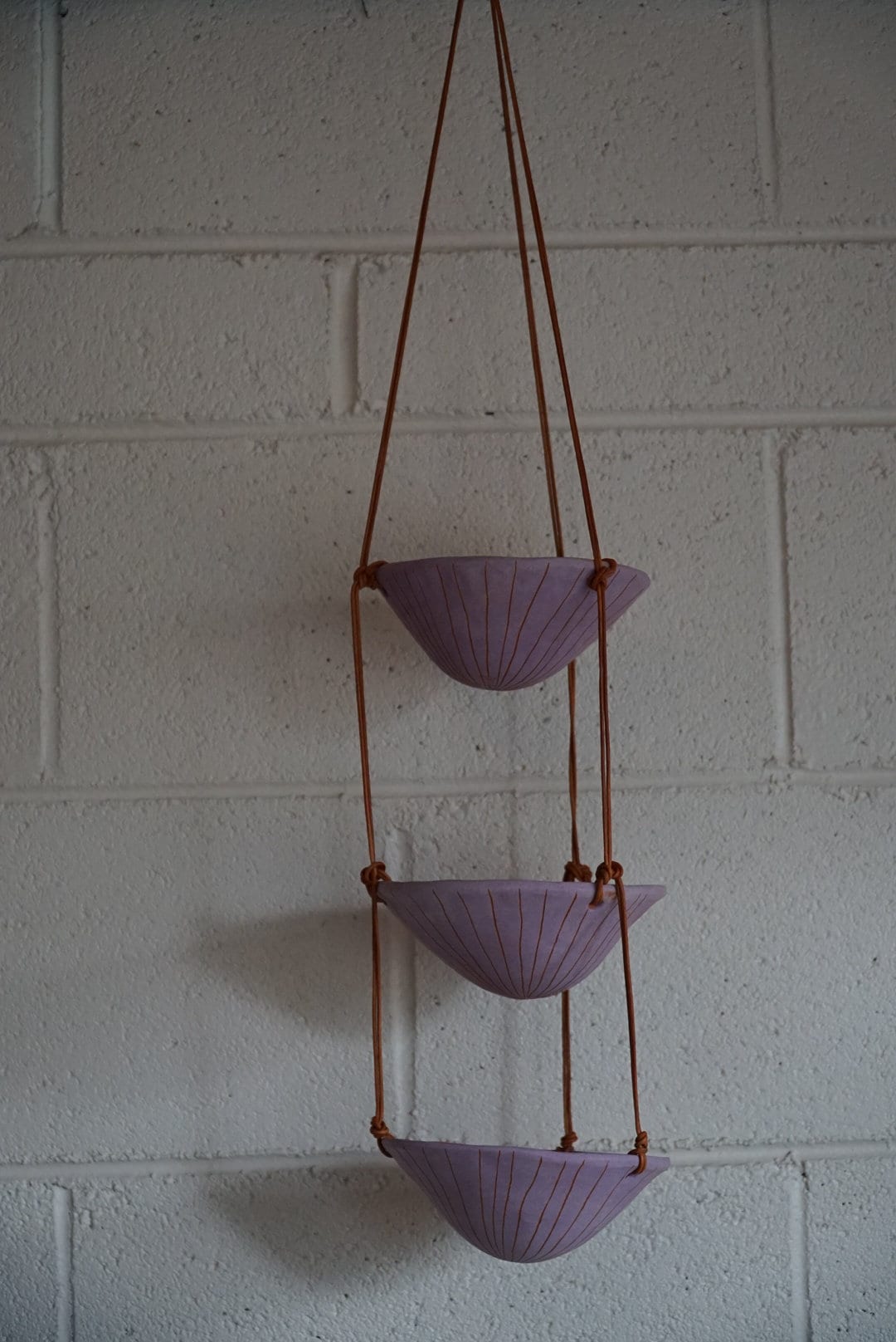 Purple & Terracotta 3-Tiered Hanging Planter with Hand-carved "Vertical Line" Design / Triple Hanging Basket / Plant Hanger / Lilac /