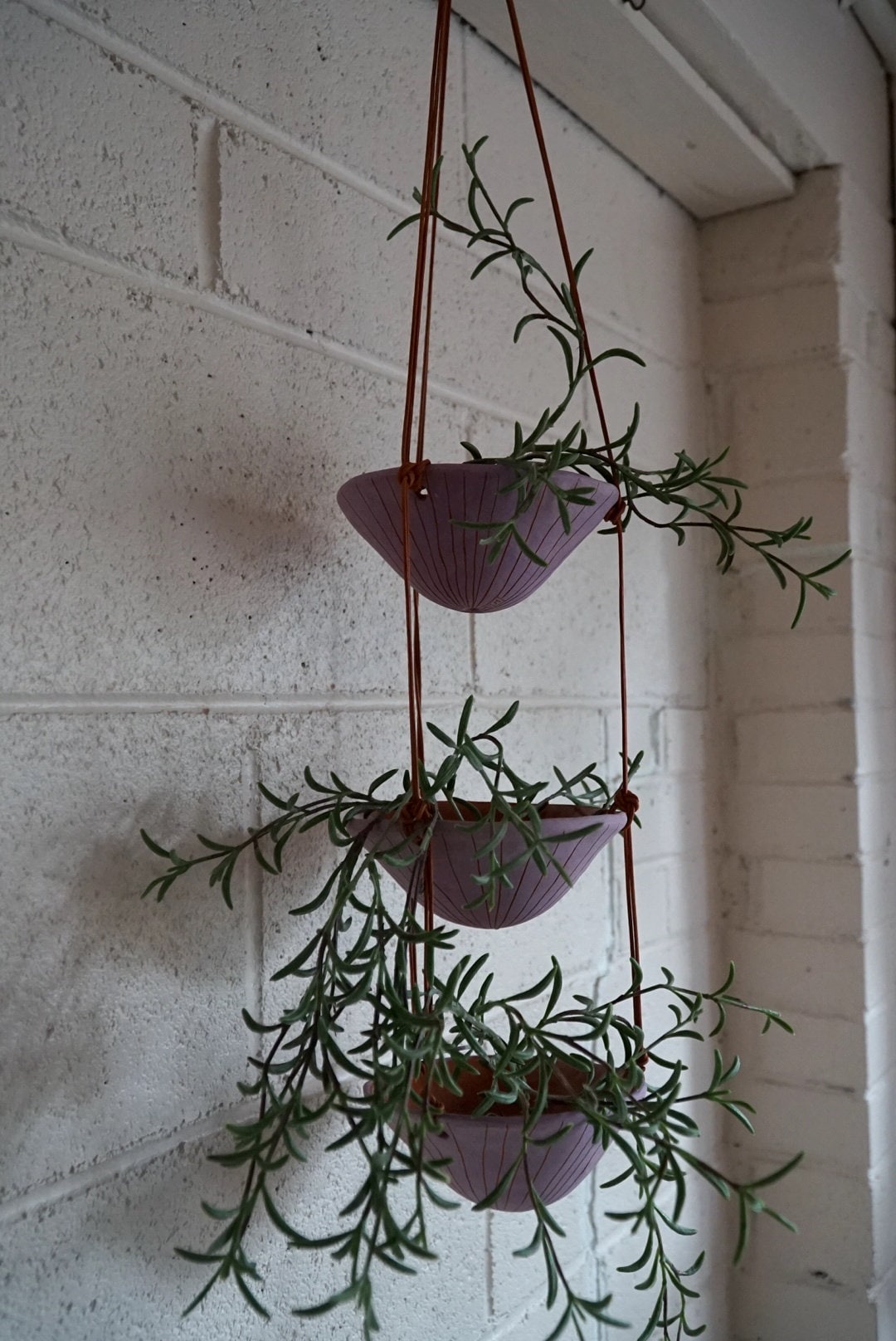 Purple & Terracotta 3-Tiered Hanging Planter with Hand-carved "Vertical Line" Design / Triple Hanging Basket / Plant Hanger / Lilac /