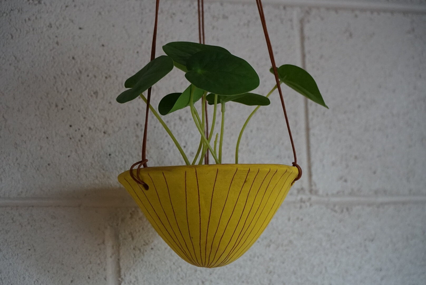 Bright Yellow & Terracotta Hanging Planter w/ Carved "Vertical Line" Design / Ceramic Hanging Pot / Pottery / Succulent / Houseplant
