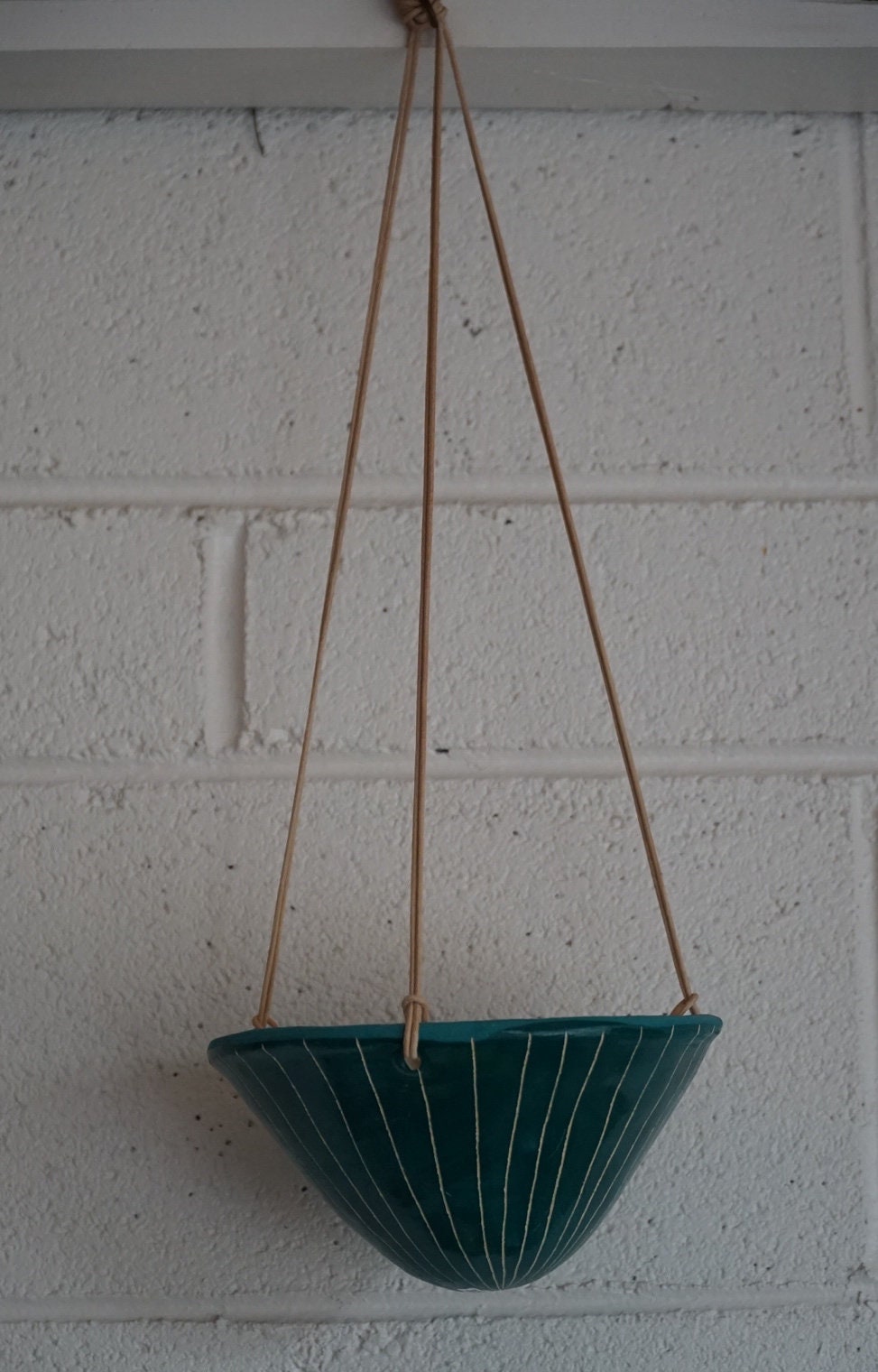 Teal & White Glazed Hanging Planter w/ "Vertical Line" Design - Hanging Pot w/ Carved Design - Succulent, Cactus, Herb, Air Plant, Etc
