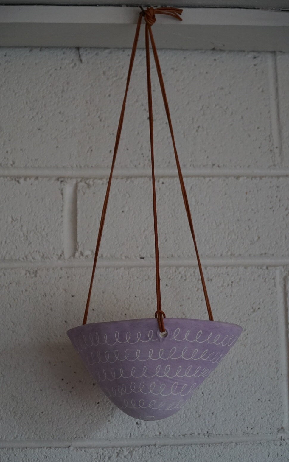 Purple & White Clay Hanging Planter w/ Carved "Curlique" Design - Succulent, Cactus, Herb, Air Plant, Etc - Housewarming