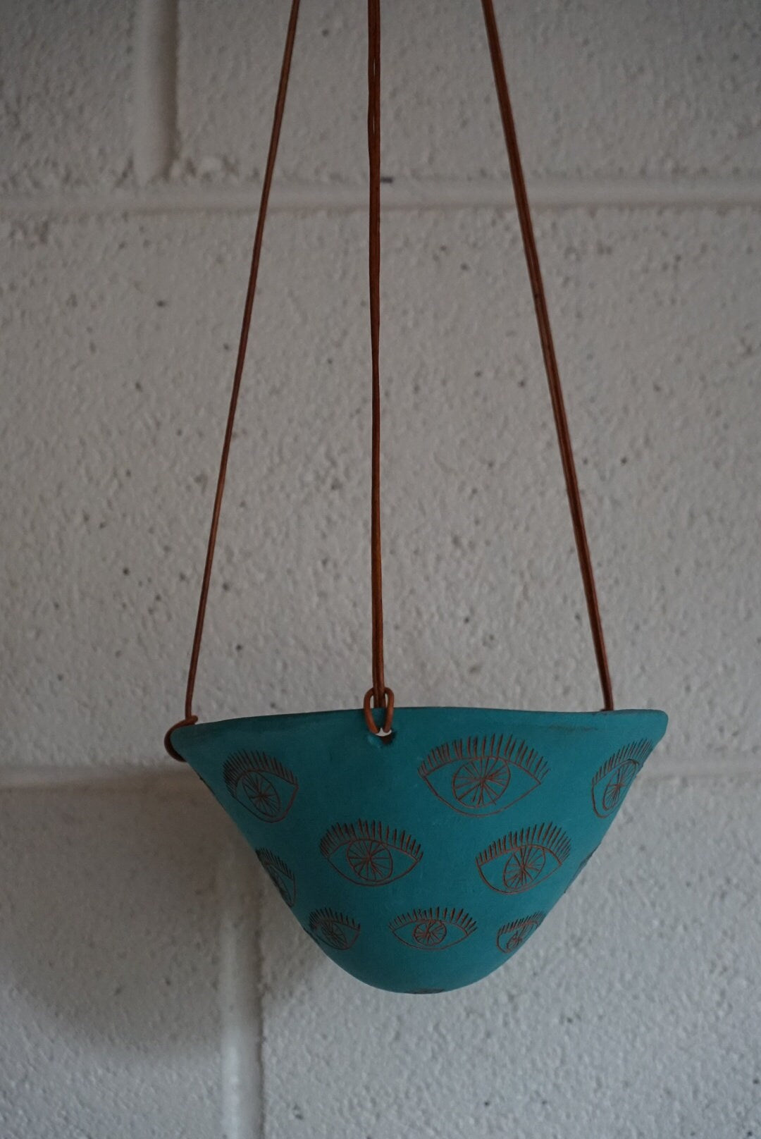 Teal & Terracotta Hanging Planter w/ "Eye" Design - Hanging Pot with Carved Design - Succulent, Cactus, Herb, Air Plant, Etc