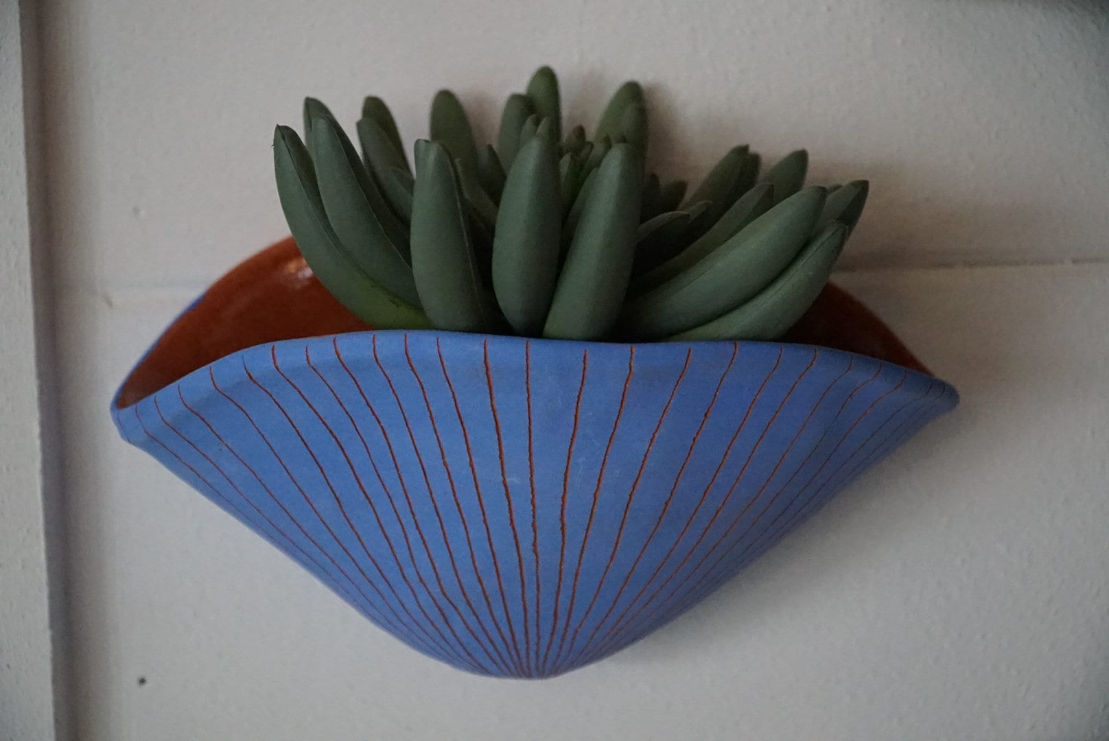 Blue & Terracotta Wall Pocket Planter w/ "Vertical Line" Design - Ceramic Wall Planter - Pottery - Succulent - Houseplant - Planter