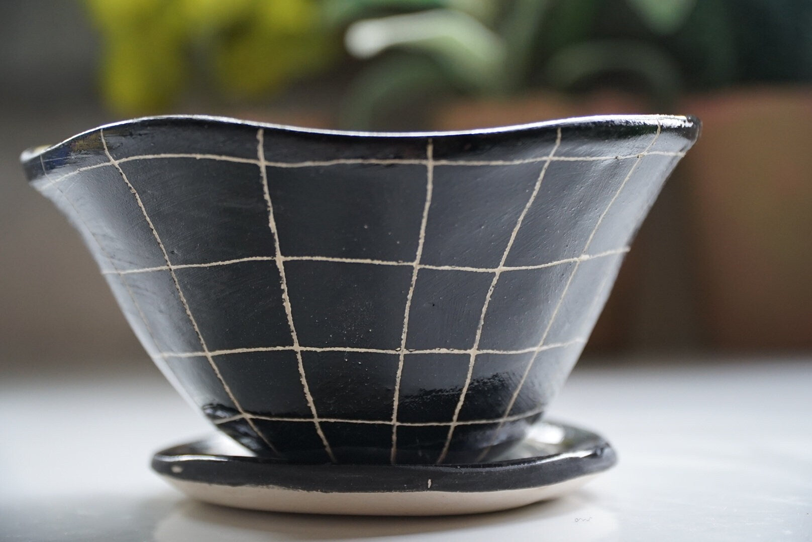 Black and White Glazed Table Planter w/ "Grid" Design - Matching Tray - Succulent Planter - Small Plant Pot - Propagating Planter - Housewarming