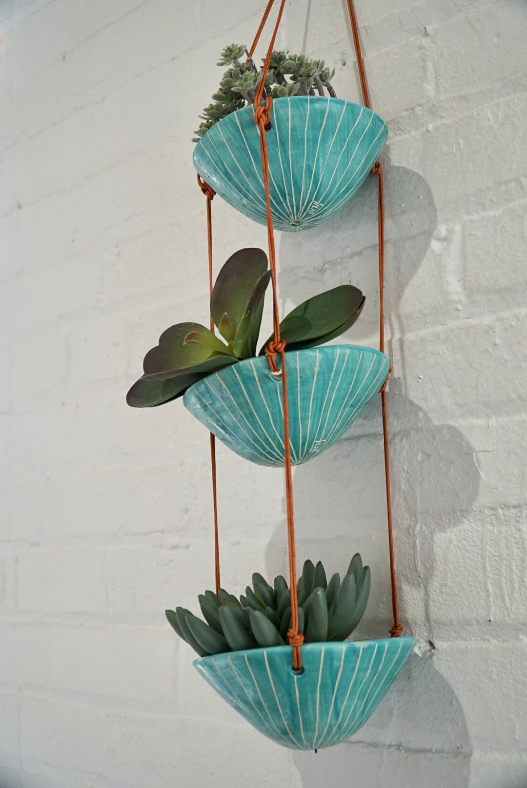 Aqua & White 3-Tiered Hanging Planter with hand-carved vertical design/triple hanging basket/ plant hanger / aqua