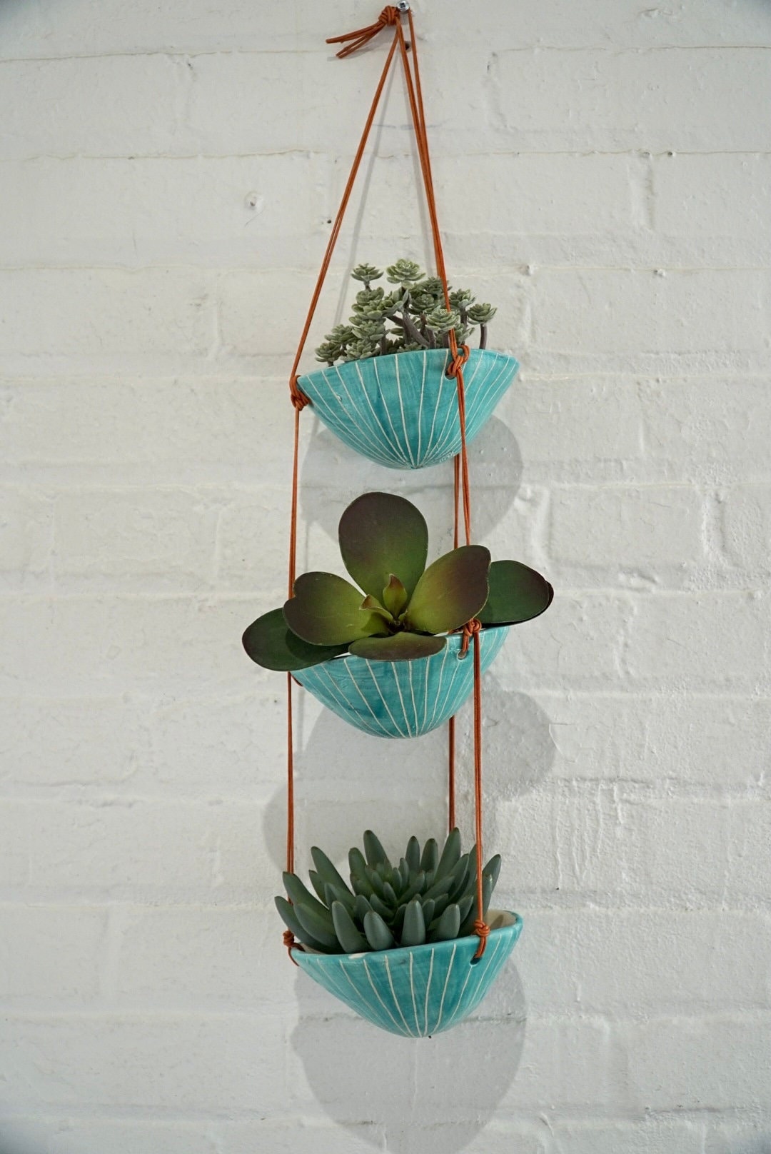 Aqua & White 3-Tiered Hanging Planter with hand-carved vertical design/triple hanging basket/ plant hanger / aqua