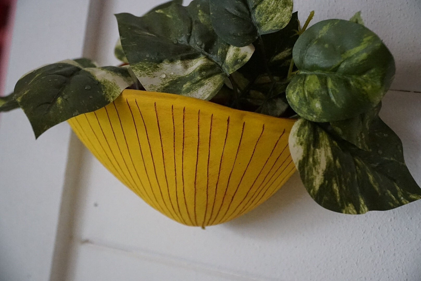 Bright Yellow & Terracotta Wall Pocket Planter w/ "Vertical Line" Design - Ceramic Wall Planter - Pottery - Succulent - Houseplant