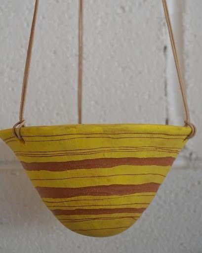 Bright Yellow & Terracotta Hanging Planter w/ "Multiple Horizons" Design - Hanging Pot with Carved Design - Succulent, Cactus, Herb, Etc